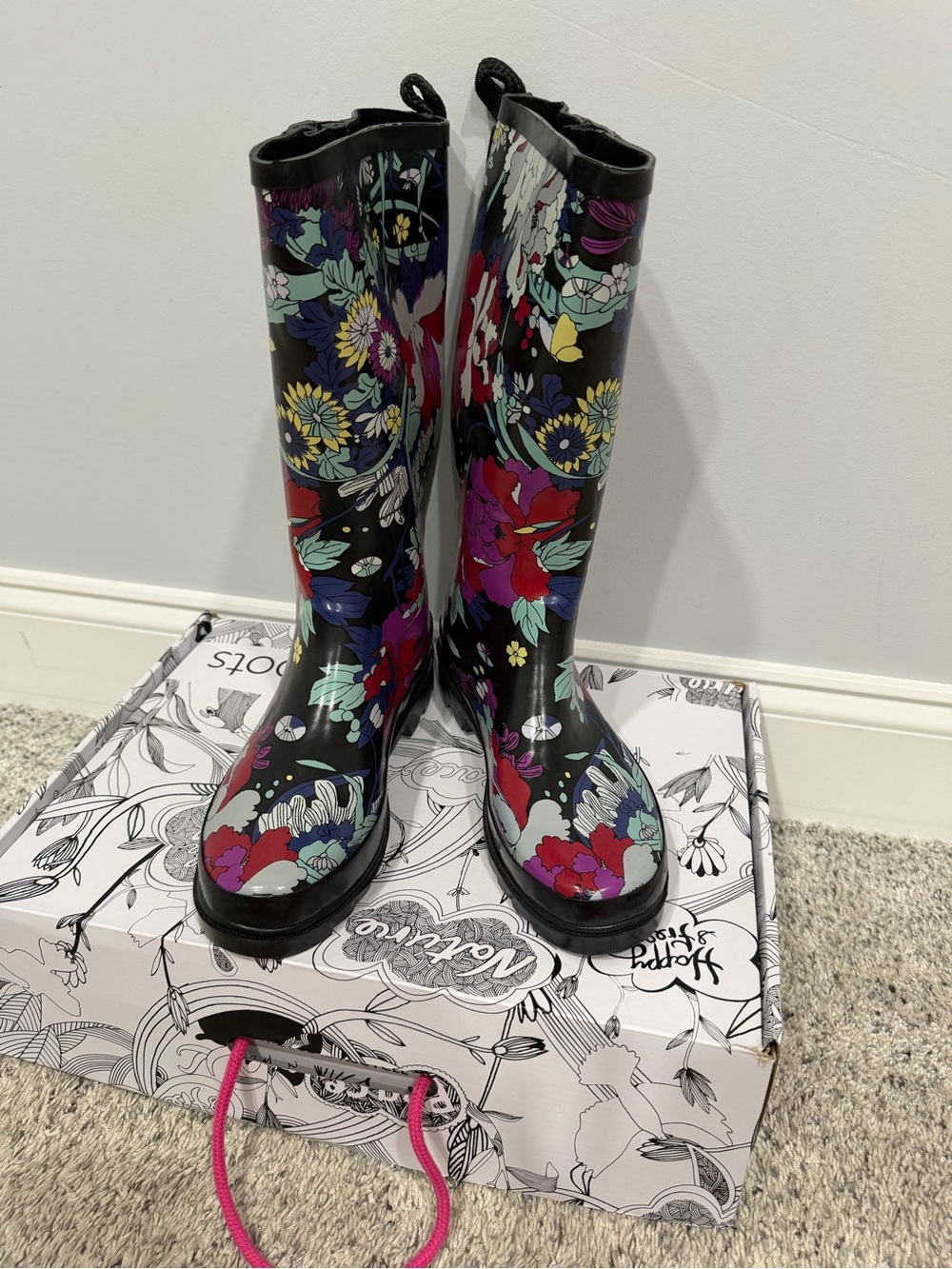 Sakroots Black Floral Rain Boots with Purple Red Teal Accents - Picture 4 of 6